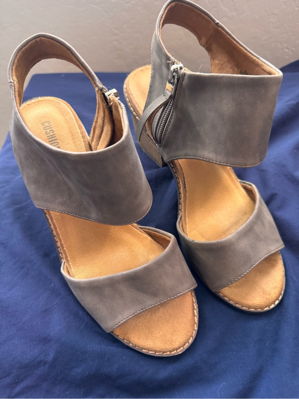 Blue Open-Toe Ankle, block heel sandal with zipper by Coushionaire
